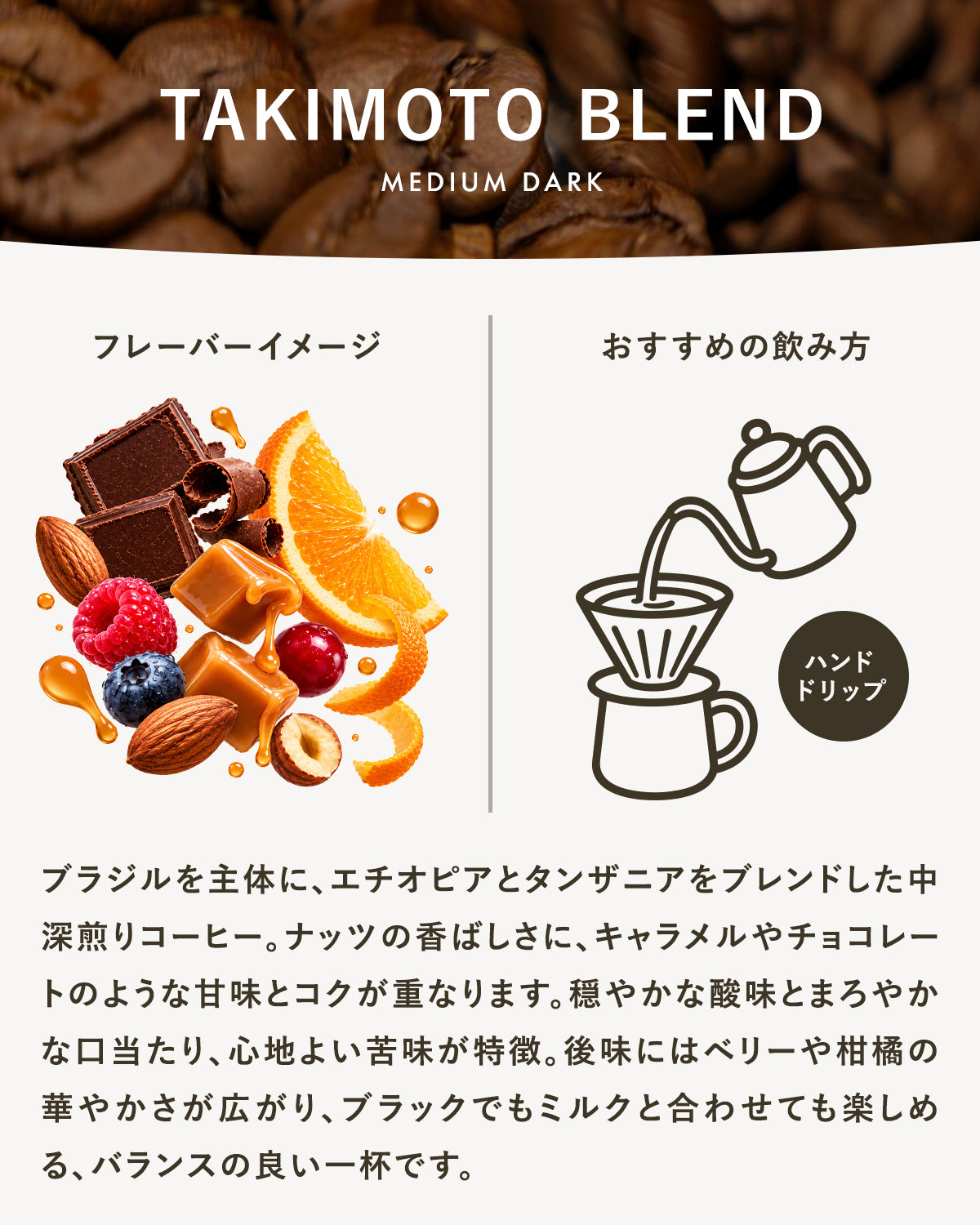 【中深煎り】TAKIMOTOブレンド｜広島の自家焙煎コーヒー豆（エチオピア・タンザニア・ブラジル） 100g
